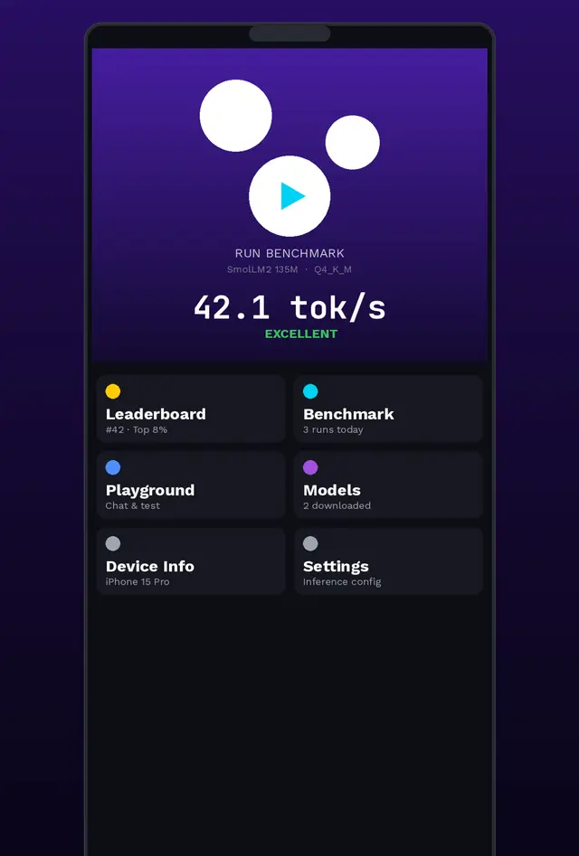 GenBench dashboard with six home tiles: Leaderboard, Benchmark, Playground, Models, Device Info, Settings.