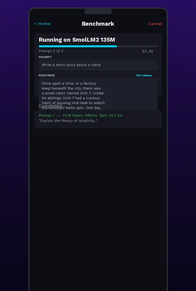 Benchmark running on SmolLM2 135M, showing streaming model output and per-prompt timings.