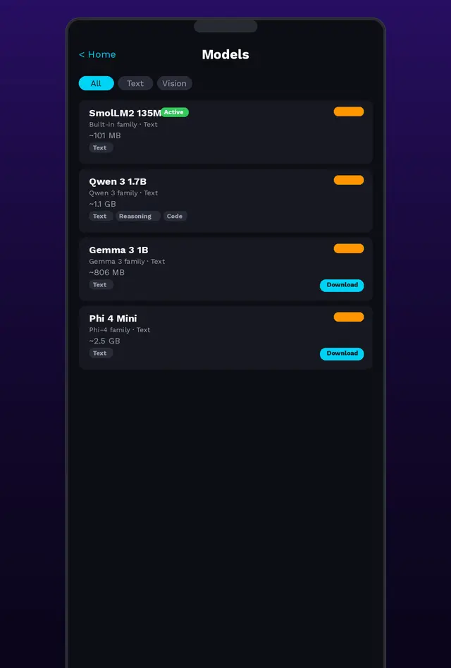 Models tab listing SmolLM2 135M, Qwen 3 1.7B, Gemma 3 1B, and Phi 4 Mini with sizes.