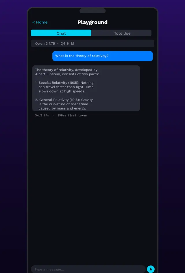 Playground tab showing a chat conversation with Qwen 3 1.7B about general relativity.